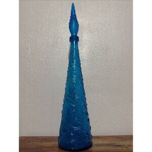 Vintage Italian Empoli Blue Wave MCM Art Glass Genie Bottle Decanter w Stopper